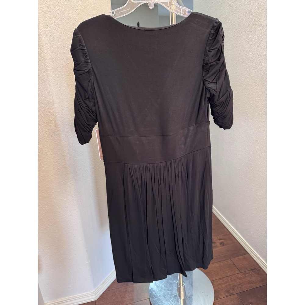 NUE by Shani Dress Black Ruched 3/4 Sleeves Buttons Pleating Crossover Size 10 - Picture 4 of 5